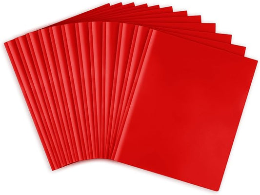 Feosky Plastic Two Pocket Folders with Prongs, Heavy Duty Folders with 2 Pockets and 3 prongs, File Folders with 3 Metal Prong Fasteners, Letter Size, for School, Home, and Office (Red)