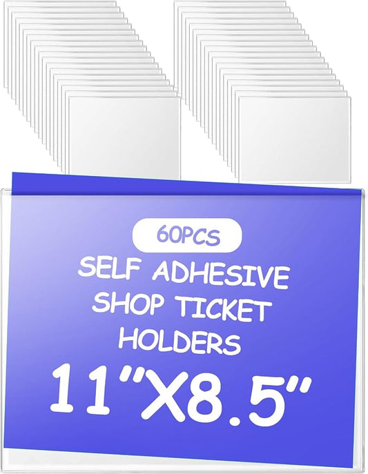 Outus 60 Pcs Self Adhesive Shop Ticket Holders Clear Plastic Sleeves Adhesive Pockets Work Order Job Ticket Holders for Back to School Student Label Home Office Posting Signs (11 x 8.5 Inch)
