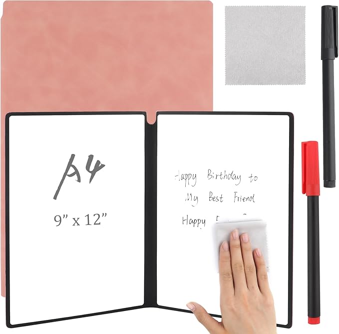 A4 Portable Whiteboard Notebook,12" x 9" Double Sided Dry Erase Board with Two Pens,Folding Reusable Writing Pad for Office Meetings,School,Planning,Travel,PU Cover(Pink)