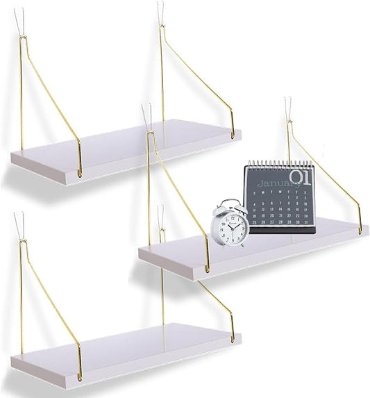 3-Pack Cubicle Shelf For Fabric Walls With Hooks：12x6.0in White Wooden Cubicle Shelf Hanging Gold Bracket Use For Office Cubicle Accessories For Office Stylish Cubicle Decorations For Women Desk