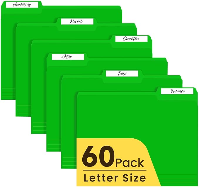 Taja Colored File Folders Letter Size, 60 Pack Green Folders 1/3 Cut Tabs, Assorted Pastel Color Office School Buiness Folders for Filing Organization, Paper File Folder Bulk Set