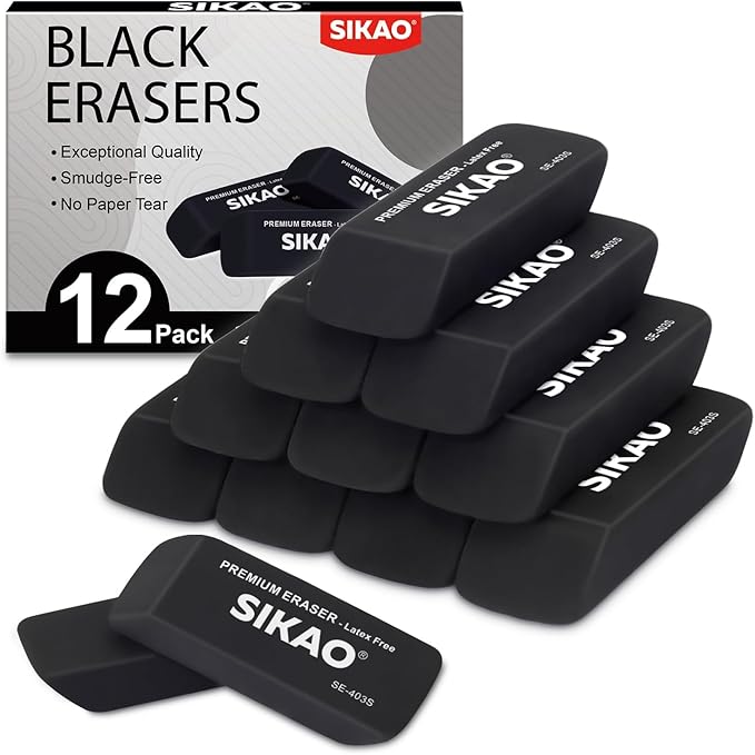 Black Erasers, 12 Pack Pencil Erasers for Kids – Latex-Free & Smudge-Free Beveled Rubber Erasers for School Supplies, Classroom, Office & Homework