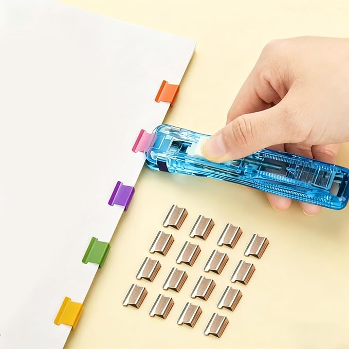 Portable Binder Clip Stapler, Includes 150 Reusable Clips, Push Clip Staplers, Mini Push Stapler Clamp Staplers for Desktop Document Home School Desk Office (J#)