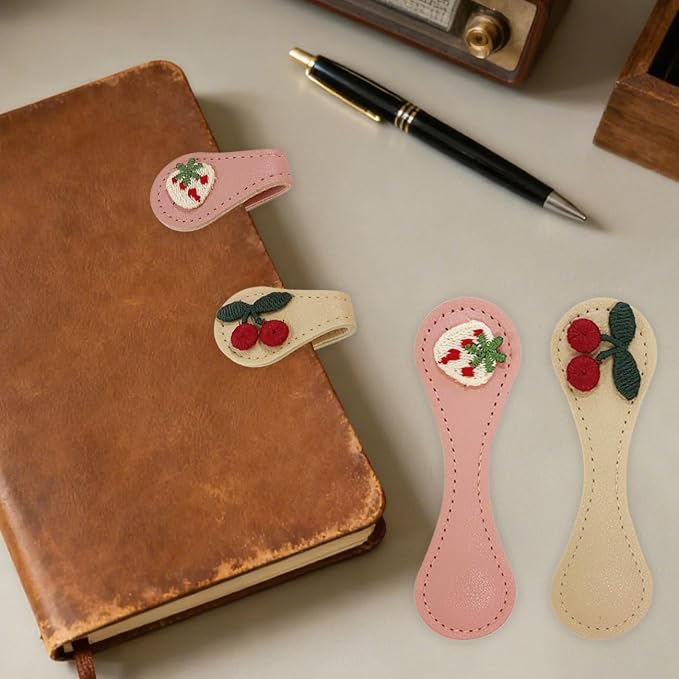 2Pcs Magnetic Leather Bookmark Set, Embroidery Magnetic Bookmarks Clips for Book Lovers Reading, Book Accessories(Pink Strawberry, White Cherry)