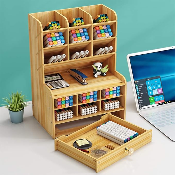 Hggzeg Wooden Desk Organizer with Drawer, Large Capacity DIY Pen Holder Storage Box Desktop Stationary Storage Rack, Pen Organizer Caddies for Office, Home and School Supplies (B16-Cherry Color)