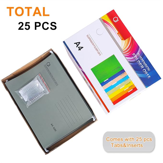 A4 Hanging File Folders, 25 Pcs Recycled Card File Folders for Filing Cabinet with Tabs and Card Inserts, Hanging Files Storage Folders for Office and School, Gray