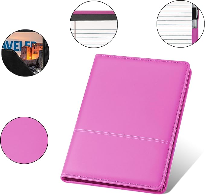 Classic Padfolio/Junior Portfolio Folder Case, Business A5 Binder Organizer Notepad for Men Women, 5 x 8 Writing Pad Included, Rose Red