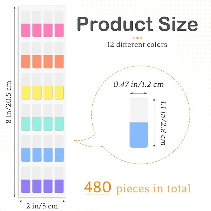 480 PCS Sticky Index Tabs, Colored Strip Page Markers, Writable and Repositionable File Tabs Flags for Pages, Reading Notes, Classify Files, 12 Colors（0.47X 1.1inch）