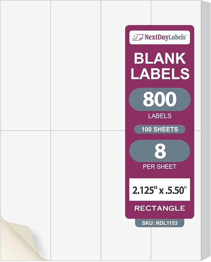 NextDayLabels 2.13x5.5 Inch Rectangle Stickers White Blank Labels for Laser Inkjet Printer - 8 Per Sheet Self-Adhesive Unique Size Label Made in USA - 800 Labels