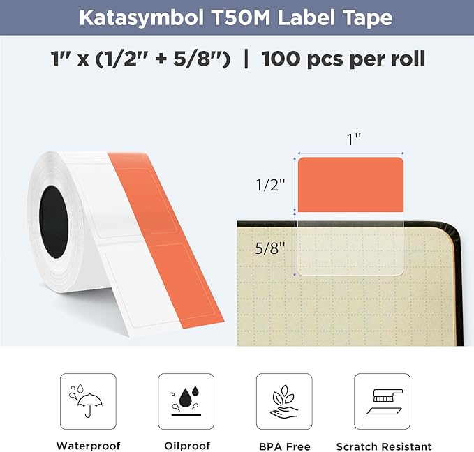 SUPVAN T50M Series Label Maker Thermal File Label, 0.98'' × 0.51'' + 0.59'' (25 × 13 + 15 mm) 100 PCS/Roll Genuine Laminated Waterproof Oilproof Adhesive Auto Detect Labels, Black on Orange