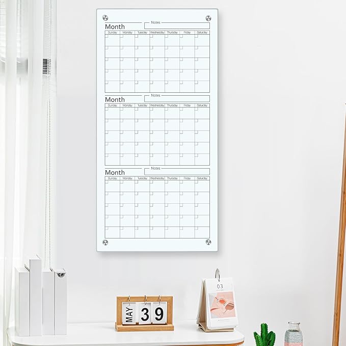 Glass Whiteboard Calendar Dry-Erase White Board Planner Glass Large Wall Mounted Calendar with Marker Tray for Wall Home or Office(Transparent,36" X 18",3 Month)