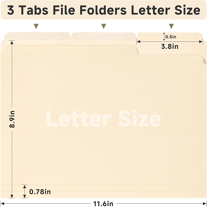 100 Pack Manila File Folders, 1/3-Cut Tab, Assorted Positions, Letter Size, 8.5x11 inches, Easy Labeling & Organization, Office Supply, School, Home,Business, Class,Document Filing