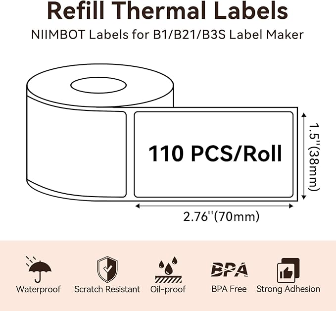 NIIMBOT Labels for B1/B2/B21/B3S/K3, Thermal Printer Labels 1.5" x 2.76"(38x70mm), Label Maker Tape for Jar Labels, Address Labels, File Folder Labels