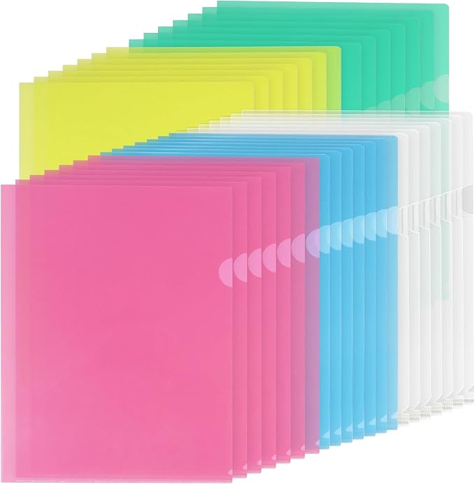 KTRIO 35 Pack Clear Plastic Folders Sleeves Project Pockets for Letter Size 8.5x11 Paper Document, L-Shaped Transparent File Jacket for School Office, Acid-Free Poly Plastic, 5 Colors