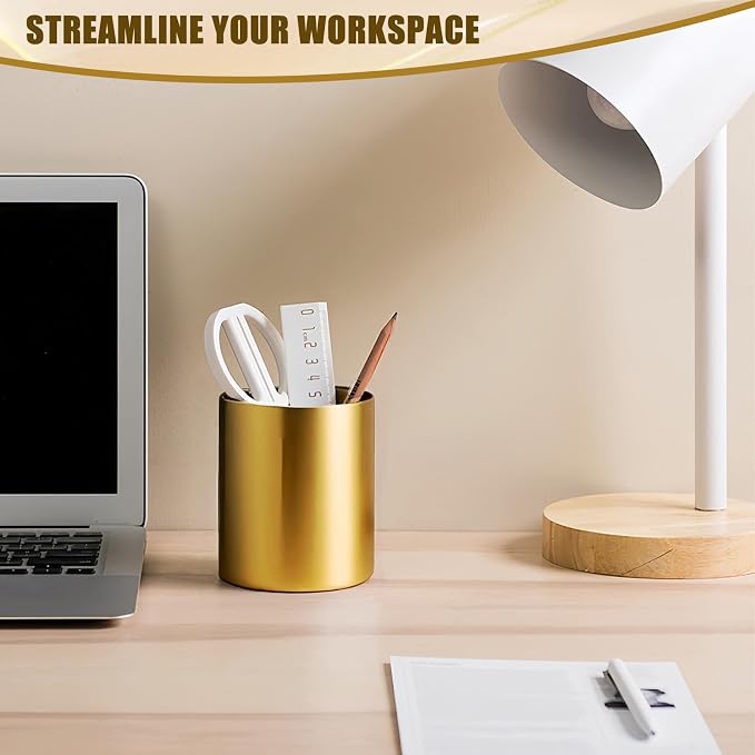 Gold Pen Holder for Desk, 3.9 Inch Stainless Steel Gold Pencil Holder & Pencil Cup, Pen Cup and Makeup Brush Organizer for Office Desk, Vanity, Home Decor
