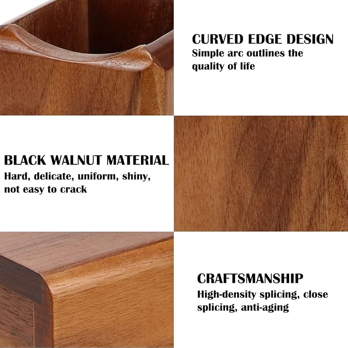 Wooden Pen Box Desktop Stationery Organizer Creative Simple Solid Natural Wood Pencil Holder for Office Supplies (Black Walnut)
