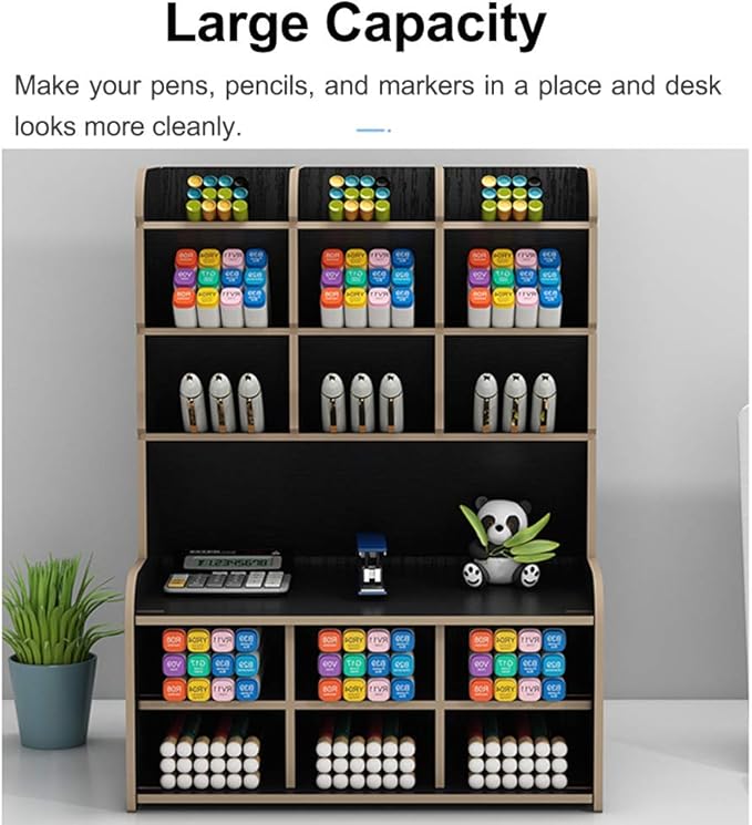 Hggzeg Wooden Desk Organizer, Large Capacity DIY Pen Holder Storage Box Desktop Stationary Storage Rack, Pen Organizer Caddies for Office, Home and School Supplies (B15-Black)