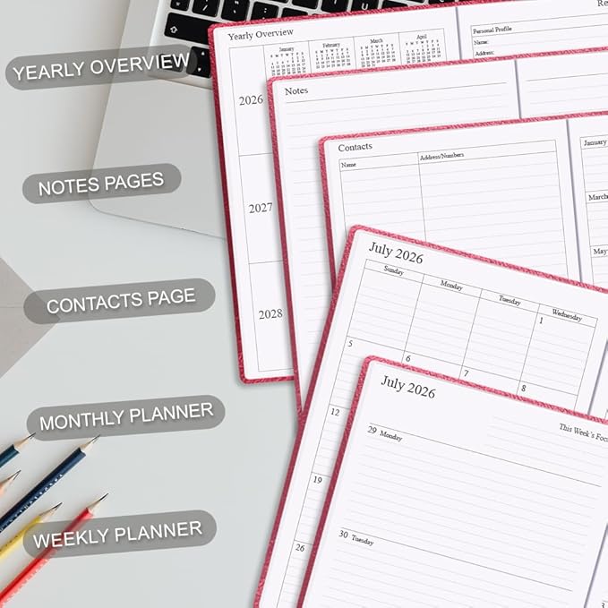2026-2027 Planner - Weekly & Monthly Planner Runs from July 2026 - December 2027, 5.8" x 8.25", 18 Month Planners, 14 Notes Pages, Inner Pocket, PU Leather Hard Cover, Rose Monthly Planners 2026-2027