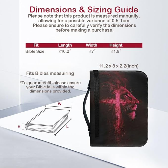 Bible Case with Handle and Zipper, Premium PU Leather Waterproof Bible Cover 11.2 x 8 x 2.2 Inches, Book Case for Standard Size Bibles with Pen Storage, Bible Accessories Gifts (Red Lion)