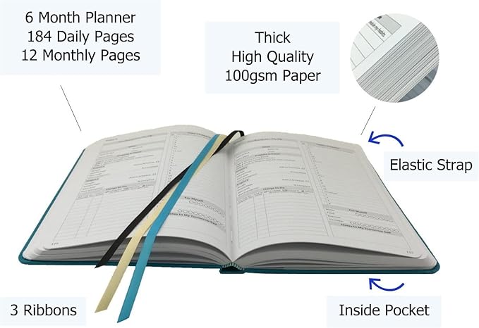 Guided Daily Planning to Improve Organization, Time Management & Success. Daily, Monthly & Weekly Goals, 6 x 9 inches, 6 Month UNDATED Planner (Black)