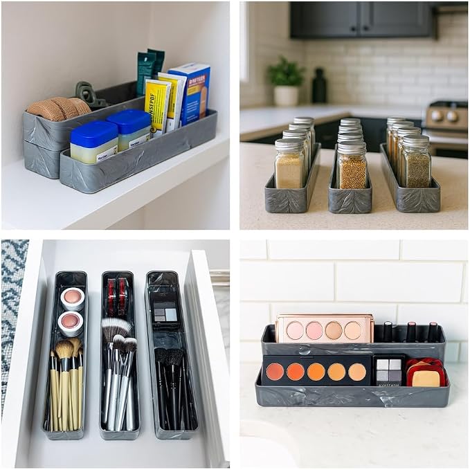 Best Kept | Pantry Organizer | Plastic | Shower Shelves | Makeup Brush Organizers | 3-Piece Grey Marble Trays