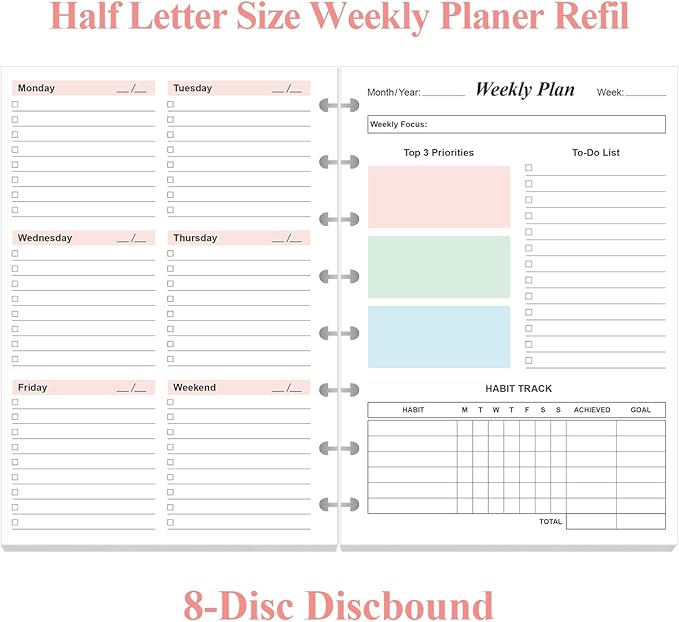Weekly Planner Undated Refills - Junior Size 53 Sheets/106 Pages Colorful Weekly Planner for 8-Disc Discbound, 100 gsm White Paper, Lasts 1 Year, Undated, 5.8" x 8.3"