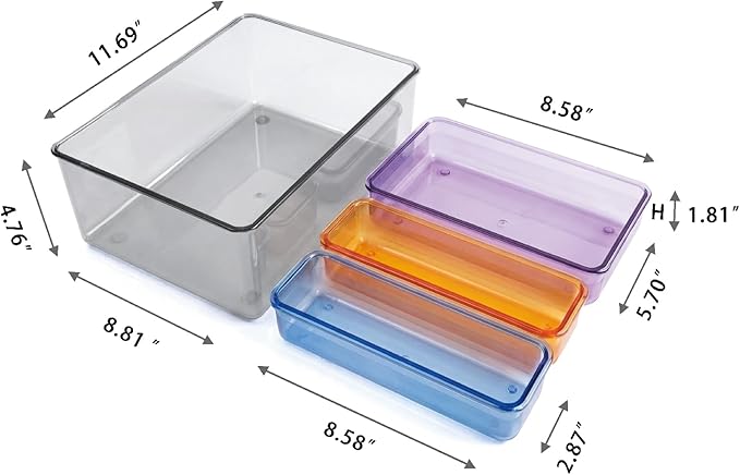 MOSSRIVER 4 Pack Clear Drawer Organizer Set, Plastic Desk Organizer Bin with Lid & Trays, Colorful Storage Box with Removable Trays for Cosmetics, Jewelry, Bedroom, Bathroom, Office, Combo 06