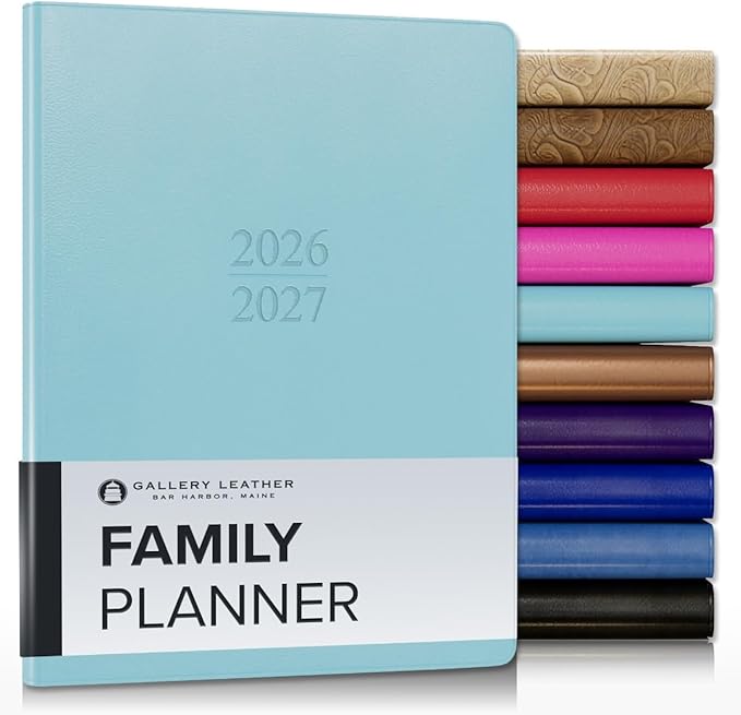 Gallery Leather Family Planner 2027, for moms, Elegantly Bound Calendar Planner and Notebook with Stylish White Page Edges, 18 Months - Caribbean Aqua - 9x7"