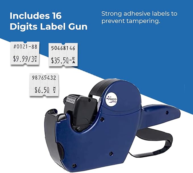 Perco Pro 2-Line Date Gun with Labels Kit - Includes 2-Line 16-Characters Date Labeler Gun, 10,500 Blank White Labels, a Label Scraper & a Pre-Loaded Ink Roll Bundled with Perco Labeler Gun Clip
