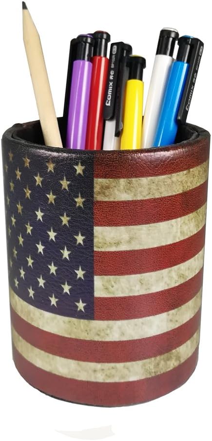 DreamsEden Vintage Pen Pencil Holder Cup Retro Pattern Desk Organizer for Home Office Bedroom (American flag Round)