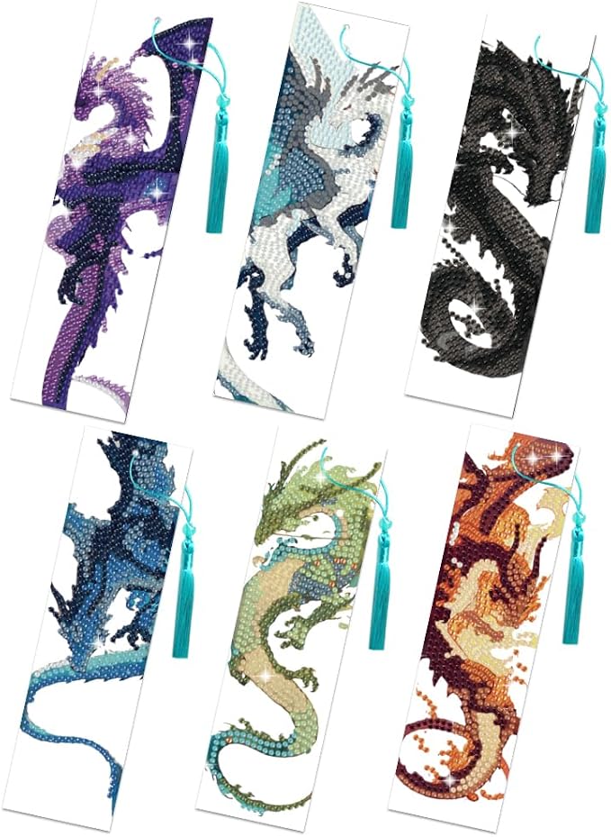 6Pcs Dragon 5D Diamond Art Bookmarks Multicolor Cartoon Animal Diamond DIY Painting Bookmarks Rhinestones Beaded Acrylic Tassel Bookmark for Adult Beginner Crafts