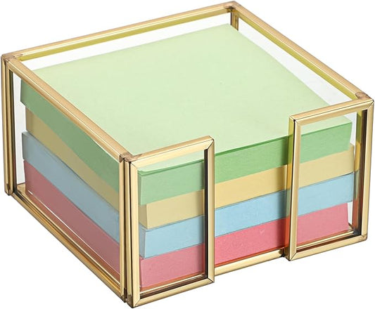 BTSKY Golden Glass Sticky Note Holder for 3x3 Inch Sticky Notes, Elegant Post It Note Dispenser with Non-Slip Pads Clear Notepad Holder for Desk Organization Planning, Home Office Decor