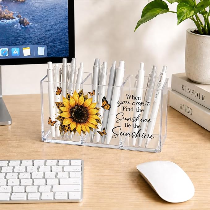 Be The Sunshine Acrylic Pen Holder for Desk, Sunflower Butterfly Desk Organizer Decor for Office Home, Inspirational Back to School Graduation Gifts for Women Teachers Students Coworkers Friends