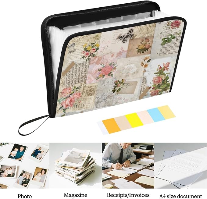 WEBEEDY Vintage Flower Expanding File Folder with 13 Pockets, Labels and Zipper, Retro Poster Collage Prints Accordion File Organizer Portable Document Organiser for A4 Paper Receipt Paperwork Office