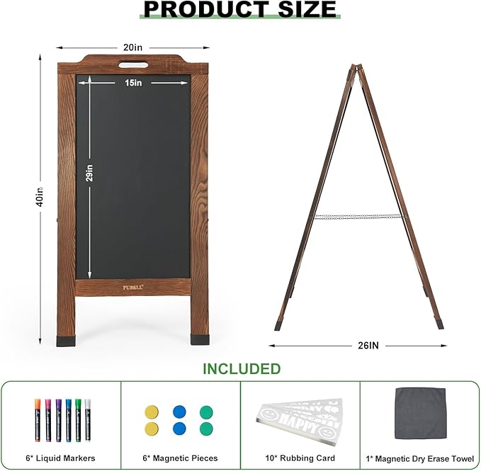 Magnetic Sandwich A-Frame Chalkboard Sign - 40 x 20 Inches, Brown Large Wooden Chalk Board for Sidewalk, Stand up Double-Sided Outdoor Easel Display for Restaurant Cafe Shop Wedding Party or Business