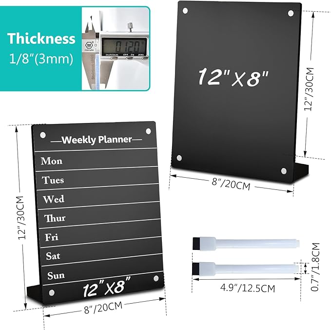 2PCS Black Acrylic Weekly Dry Erase Board with Stand for Desk, 12x8 Small Desktop Whiteboard Magnetic Fridge Calendar Memo Board, Daily Planner Blackboard Easel for Office, School