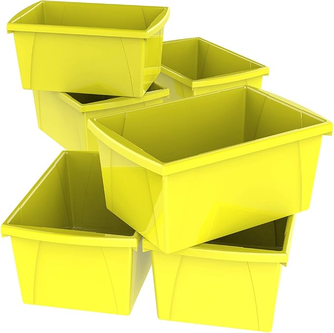 Storex 5.5 Gallon Storage Bin – Plastic Classroom Organizer for Books and Supplies, Yellow, 6-Pack (61484F06C)