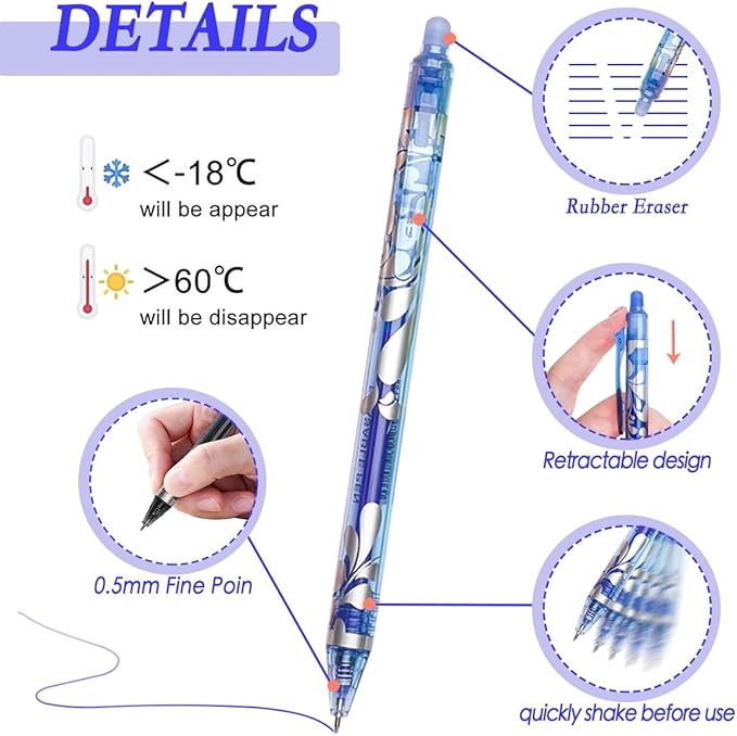 6Pcs Erasable Gel Pens Blue Ink, 0.5mm Retractable Quick Dry Fine Point Pens, Smooth Writing Pens for Journaling, Coloring, Drawing, Doodling, Note Taking