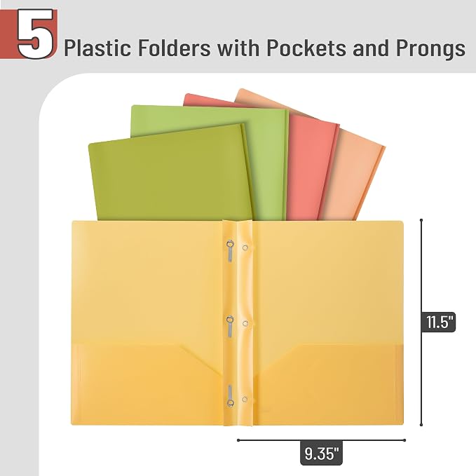 Mr. Pen- Plastic Folders with Pockets and Prong, 5 Pack, Assorted Colors, Pocket Folders, Folders with Prongs, File Folders with Fasteners, 2 Pocket Folder