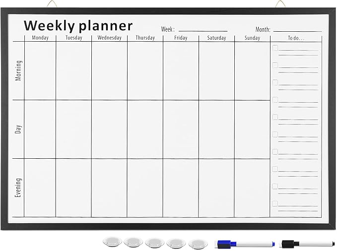 Navaris Weekly Planner White Board - 24" x 36" Magnetic Dry Erase Whiteboard Calendar with 7-Day Week Plan for Wall - Includes Markers and Magnets