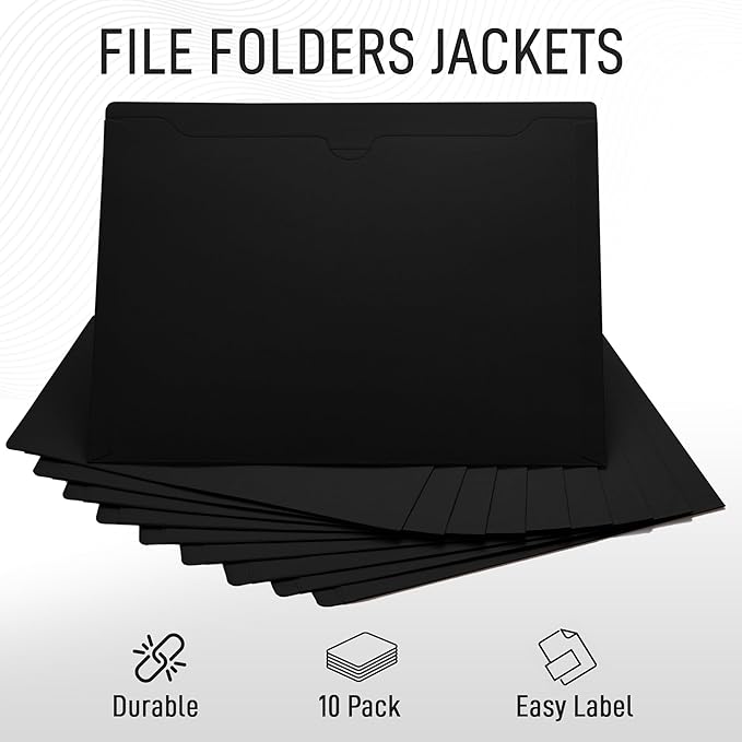Black File Jackets, Flat-No Expansion, Letter Size, Reinforced Straight-Cut Tab, 10 Pack