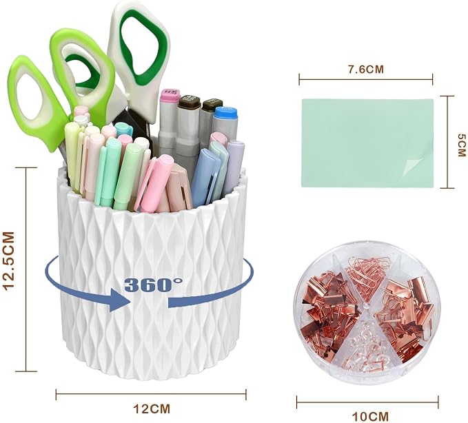 Gawsey 3Pcs 360° Rotating Desk Organizers and Accessories with Pen Holder Sticky Note and Clips Set, Desktop Storage Stationery Supplies Organizer, Cute Pencil Cup for Office, School, Dorm Room