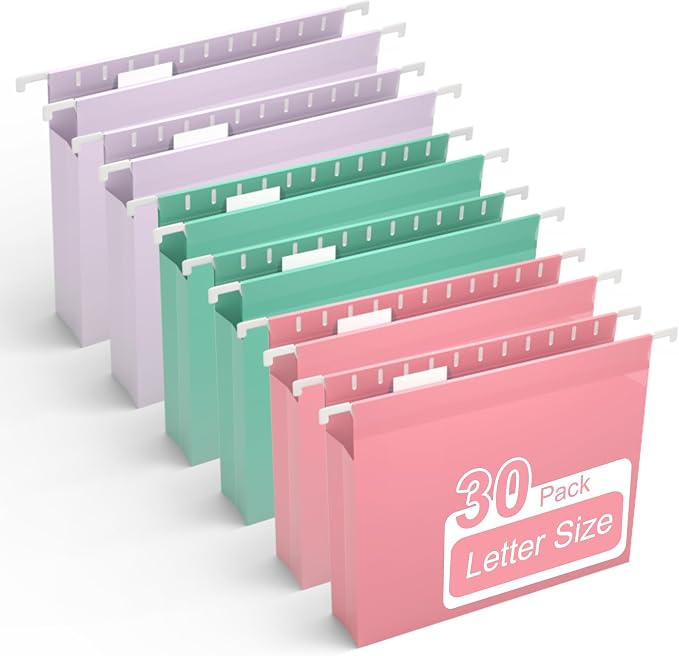 Y YOMA Plastic Extra Capacity Hanging File Folder, Letter Size, 2” Expansion, 30 Pack Colored Reinforced Expanding Hanging Folders with Tabs, Heavy Duty Waterproof Accordion for Bulky Files