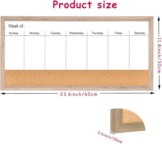 Magnetic Weekly Dry Erase White Board and Cork Board,Rustic Brown Wood Frame，Magnetic Surface Whiteboard for Home Office and Wall Decor(ZHZL-3060QZ)