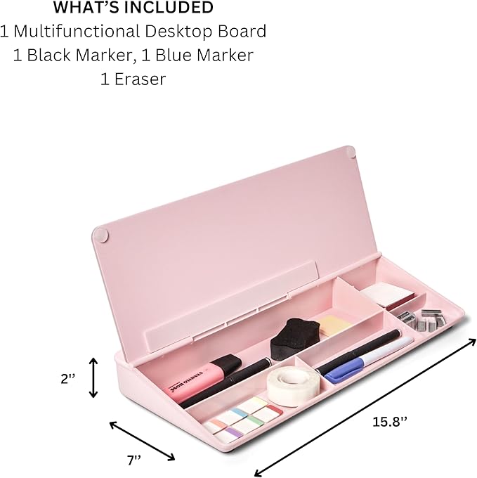 GAROOD Desktop Dry Erase Board with Storage Pink Color Desk White Board Desk Board Glass Desktop White Board with Stand Home Office Organizer Phone Holder 15.8X7X2 inches