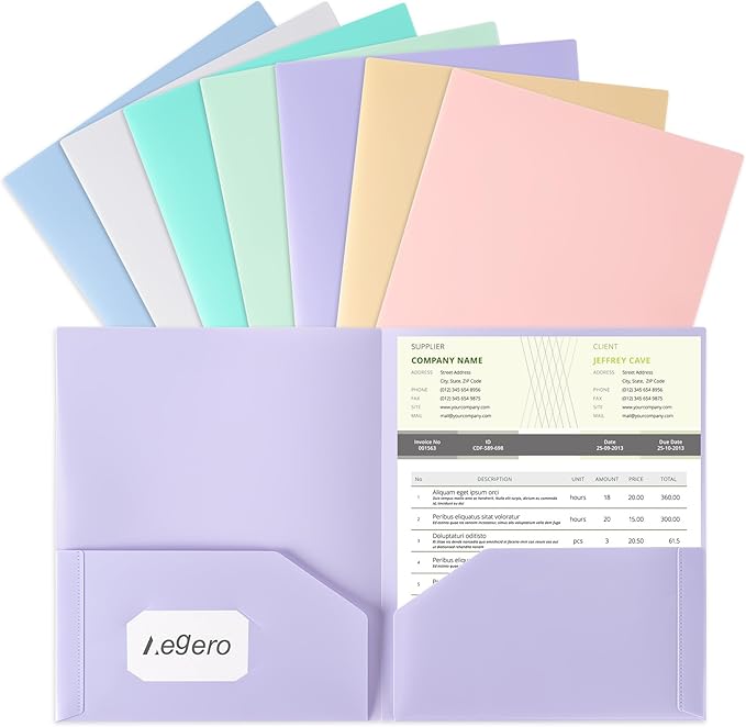 Aegero Plastic Folders with Pockets (7 Pack, Sweet Colors), Durable Heavy Duty File Folders with Business Card Slot, 2-Pocket Folder for Schoolwork & Office,Letter Size