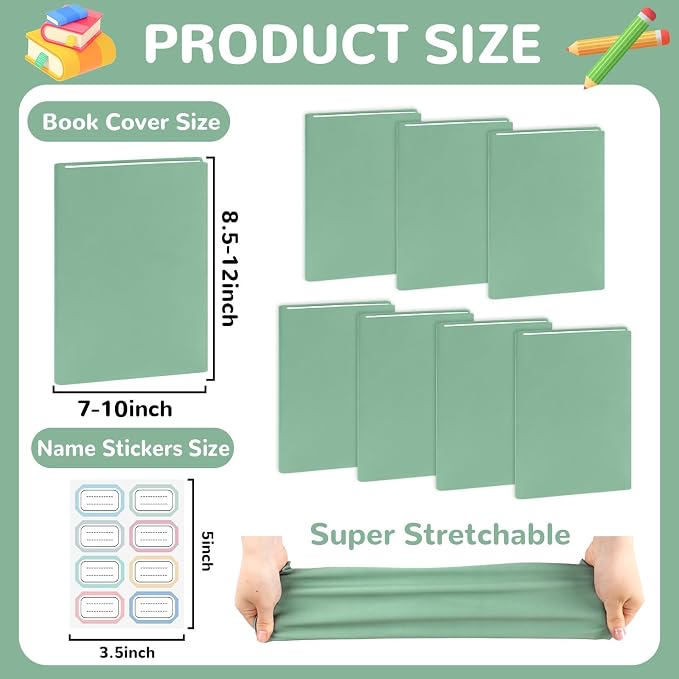 Jumbo Book Covers 7 Pack Reusable Fabric Book Cover Protective Books Covers 9 x 11 Inch Green Stretchable Books Sleeve Cover with Label Sticker for Most Hardcover Textbooks Up to 10 x 12.5 Inch
