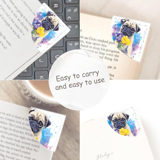 2PCS PU Leather Bookmarks 3.5x3.5 Inch Pug Yellow Flower Design | PU leather bookmarks with pug yellow flower design for novels, journals, planners, pet lovers, students and book fans