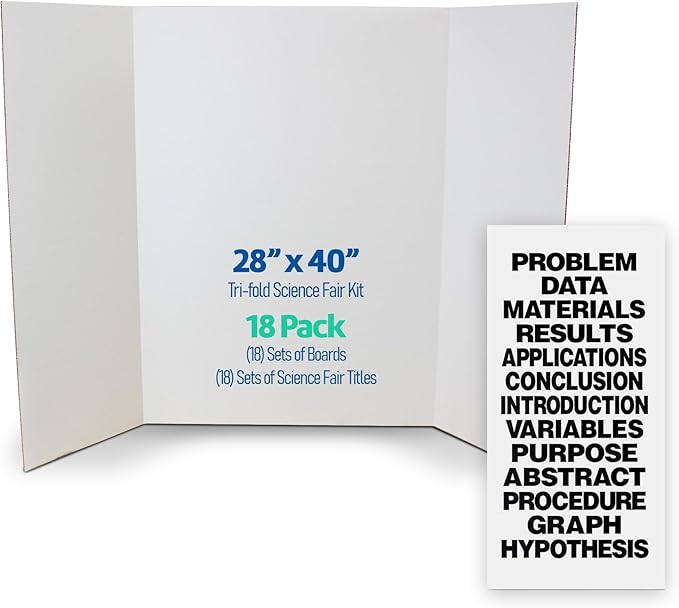 Flipside Products Science Fair Project Board Kit – 28" x 40" White Trifold Boards with Black Title Letters – Classroom & School Project Display – 18 Pack