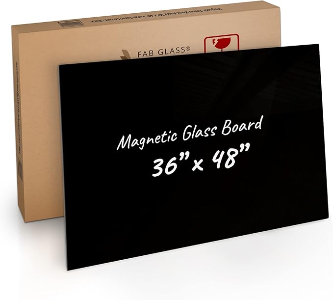 Fab Glass and Mirror Magnetic Black Glass Dry Erase Board 48 in. x 36 in. | 3' x 4' Frameless Floating Wall-Mounted Design with Marker, Eraser, and Magnets